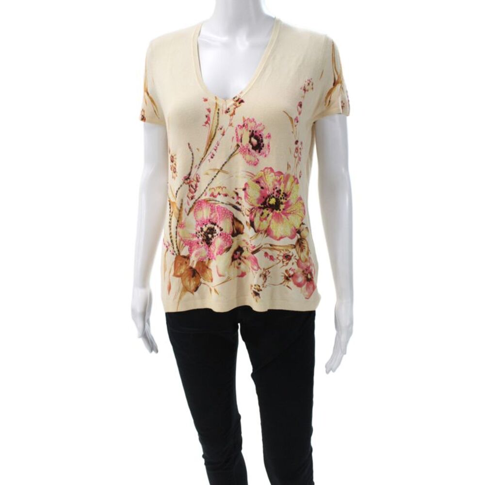 Vertigo Women Floral V-Neck Short Sleeve T-Shirt Beige Cotton Polyester Size XL